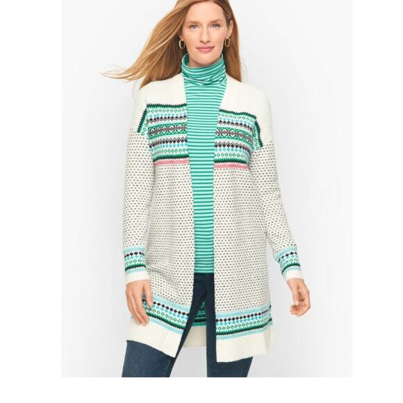 Talbots Breton Fair Isle Open Front Longline Cardigan Size M White Sweater - Picture 1 of 6